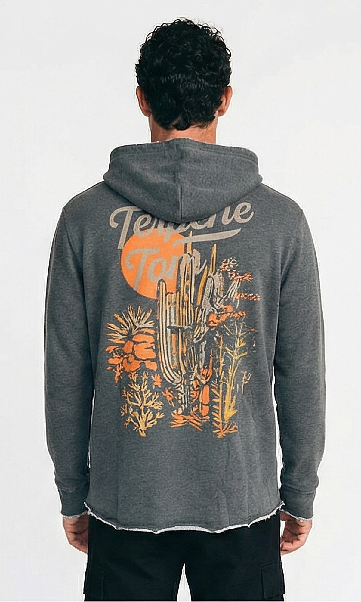 Charcoal Tepene Tom Desert Graphic Raw Hem Hoodie - O202180