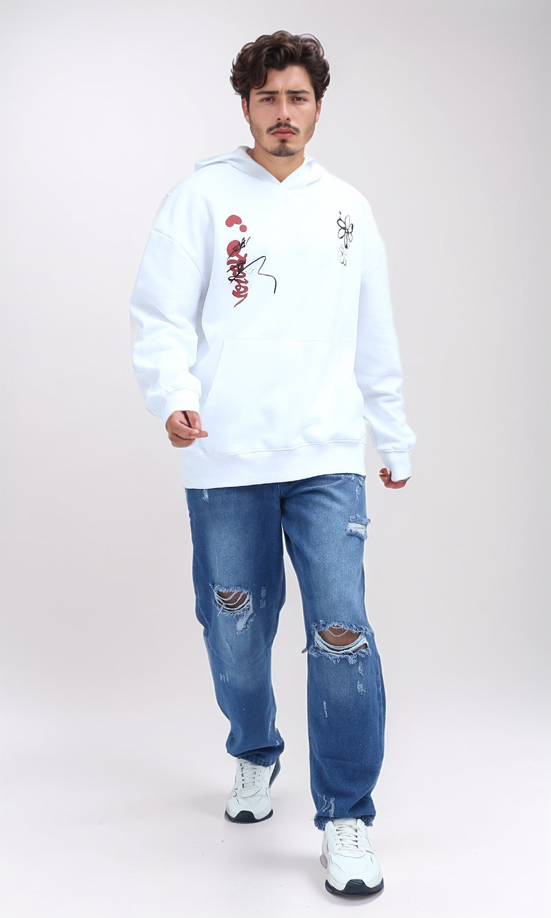 O202203 - Slip On Hoodie with Front & Back Print - White