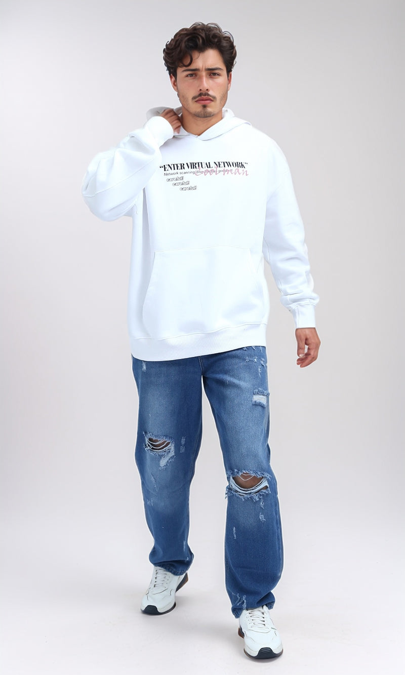 O202204 - Front & Back Print Hooded Neck Hoodie - White