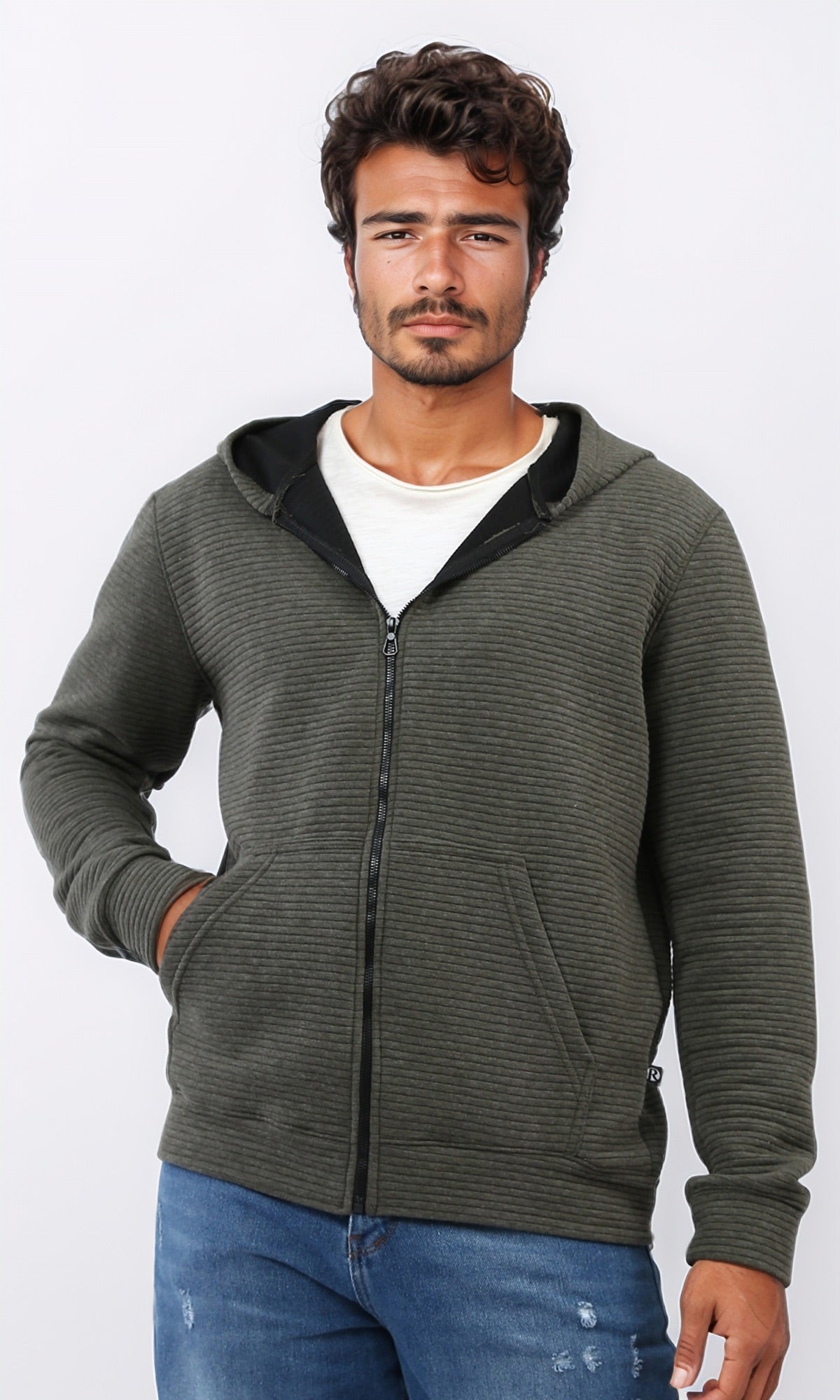 Khaki Textured Corduroy Full-Zip Hoodie - O202205