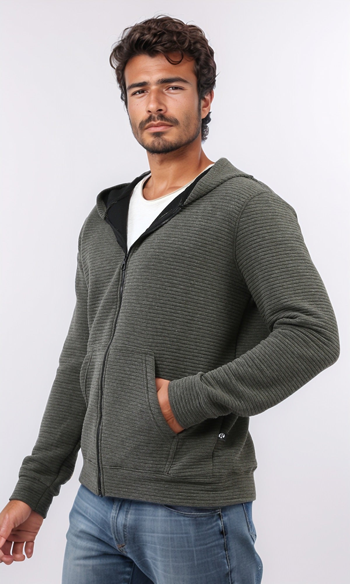 Khaki Textured Corduroy Full-Zip Hoodie - O202205