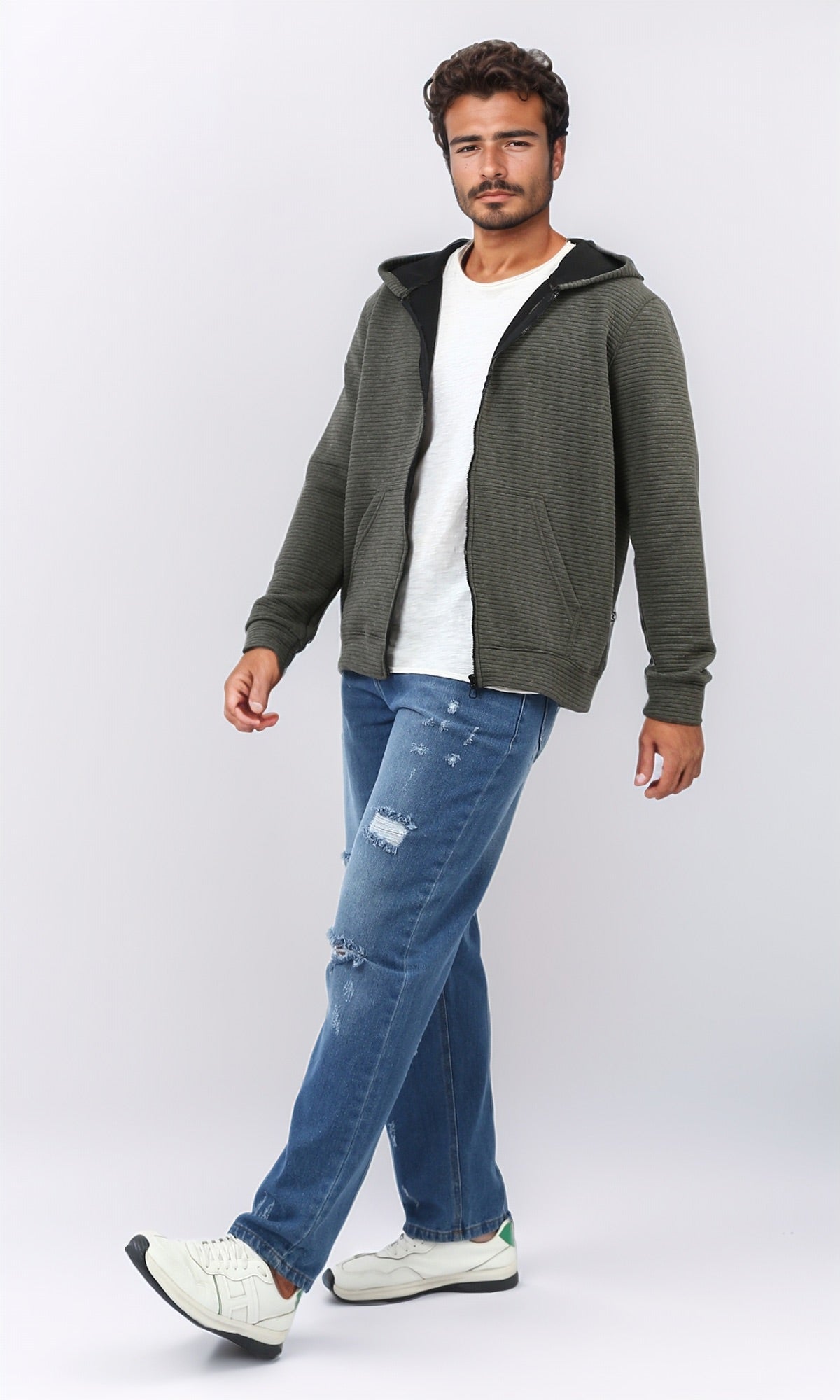 Khaki Textured Corduroy Full-Zip Hoodie - O202205