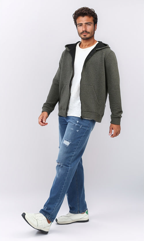 Khaki Textured Corduroy Full-Zip Hoodie - O202205