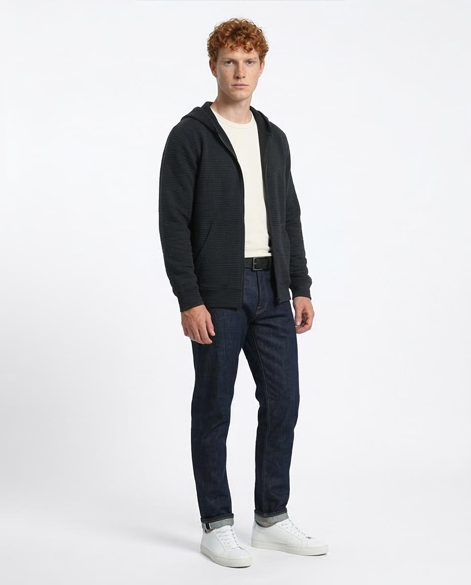 Men's Charcoal Textured Ribbed Full-Zip Hoodie - O202206