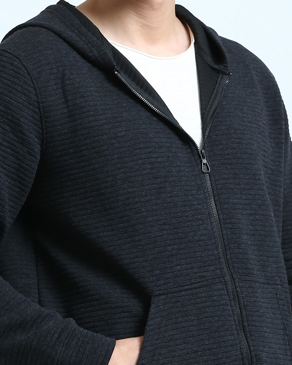 Men's Charcoal Textured Ribbed Full-Zip Hoodie - O202206