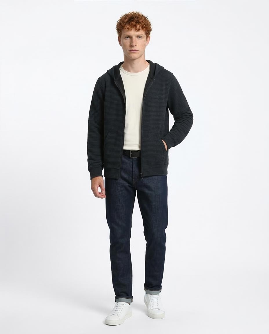 Men's Charcoal Textured Ribbed Full-Zip Hoodie - O202206