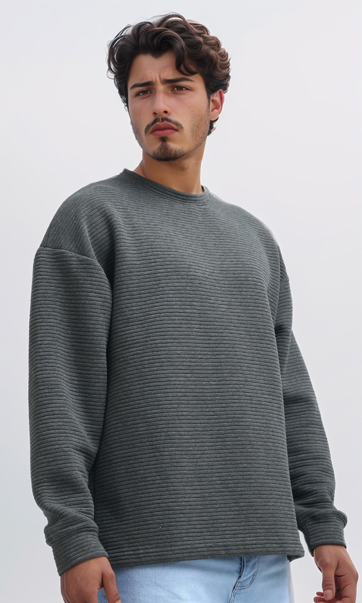 Olive Oversized Ribbed Corduroy Crew-Neck Sweatshirt - O202207