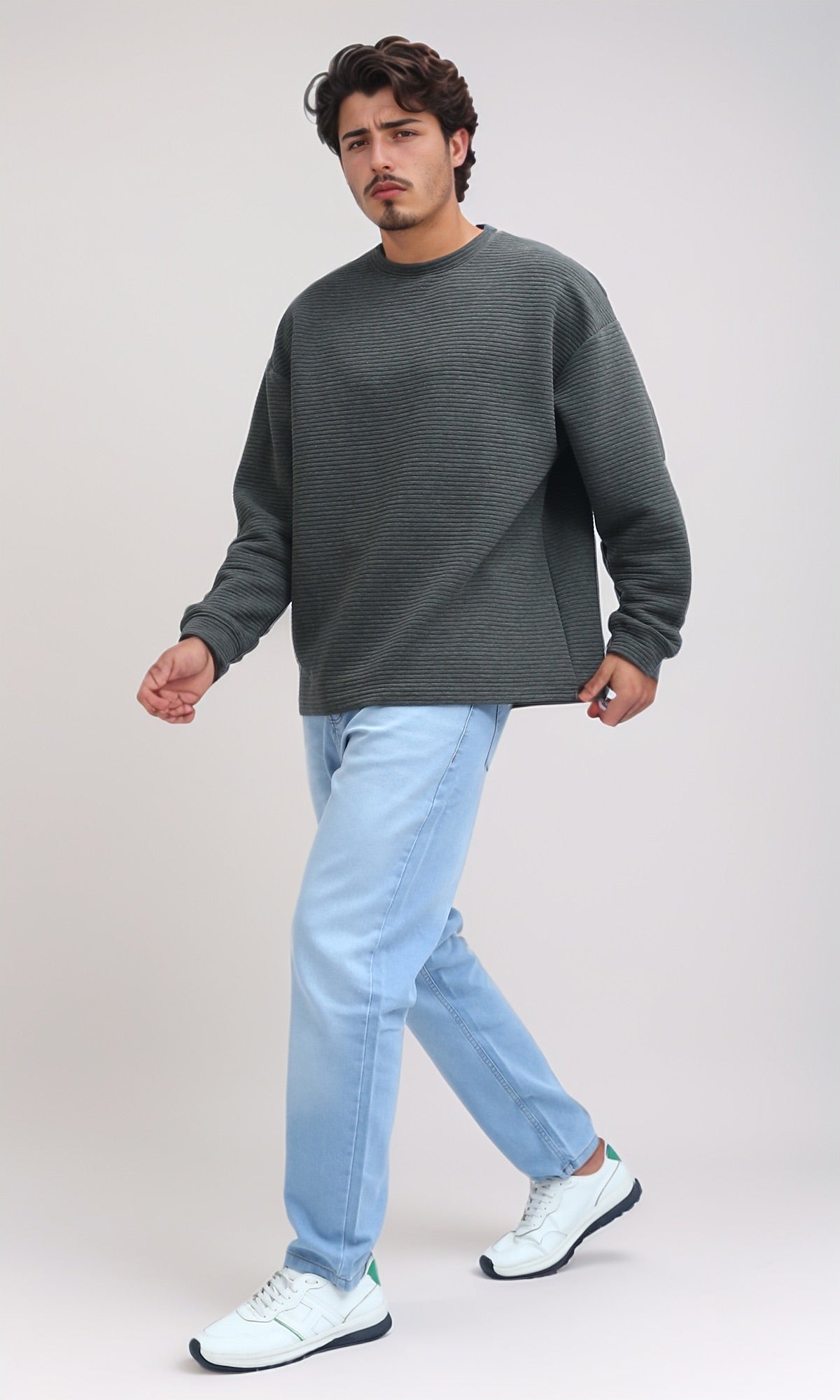 Olive Oversized Ribbed Corduroy Crew-Neck Sweatshirt - O202207