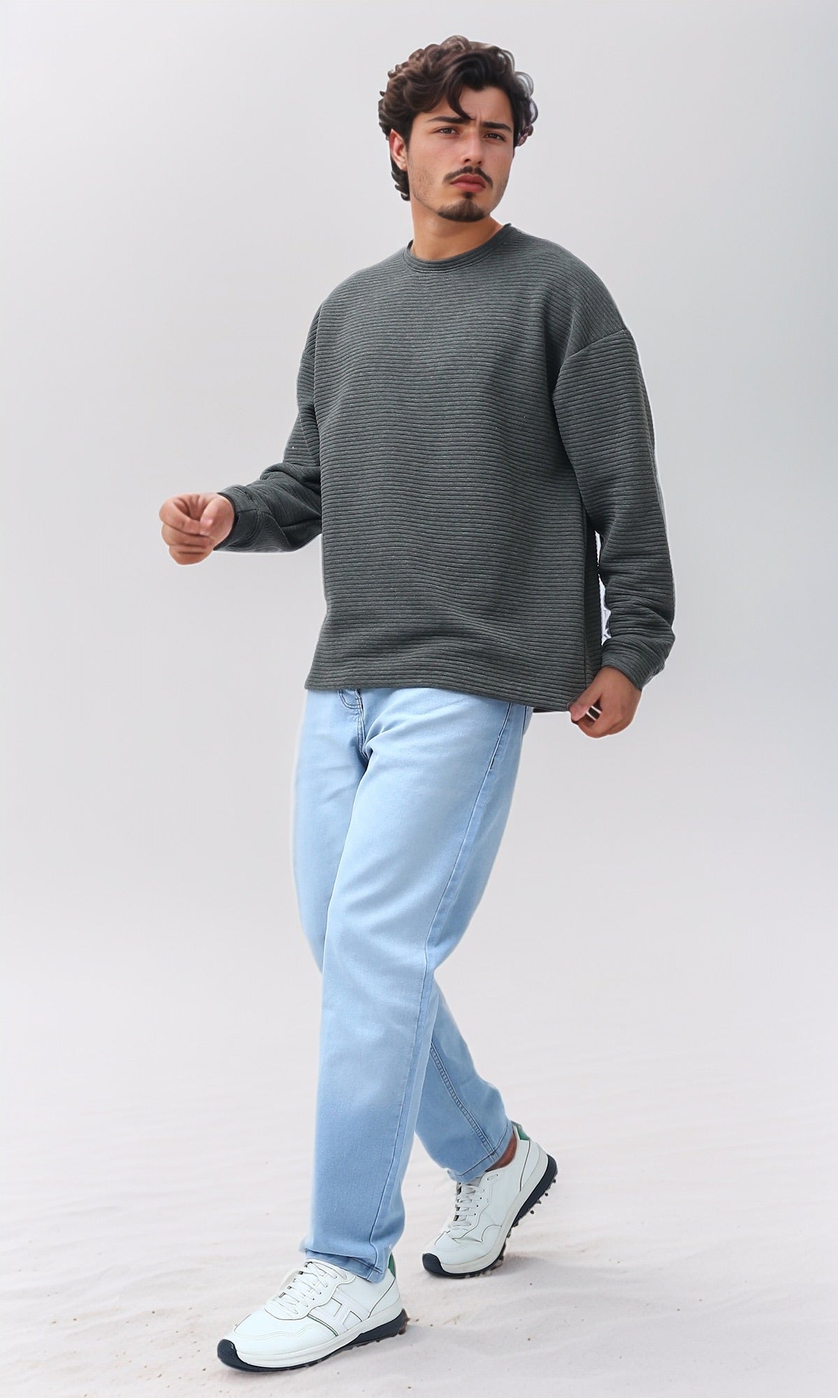 Olive Oversized Ribbed Corduroy Crew-Neck Sweatshirt - O202207