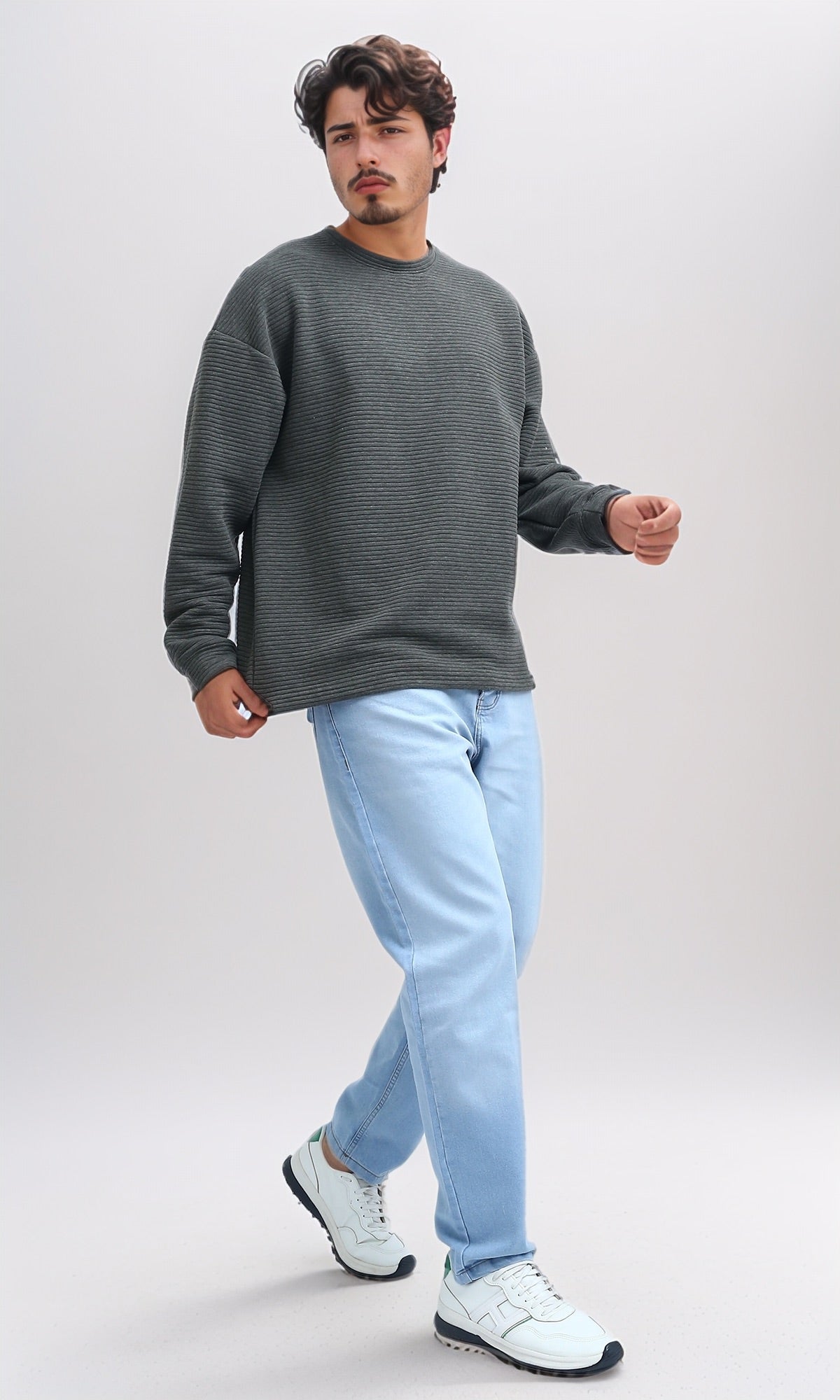 Olive Oversized Ribbed Corduroy Crew-Neck Sweatshirt - O202207
