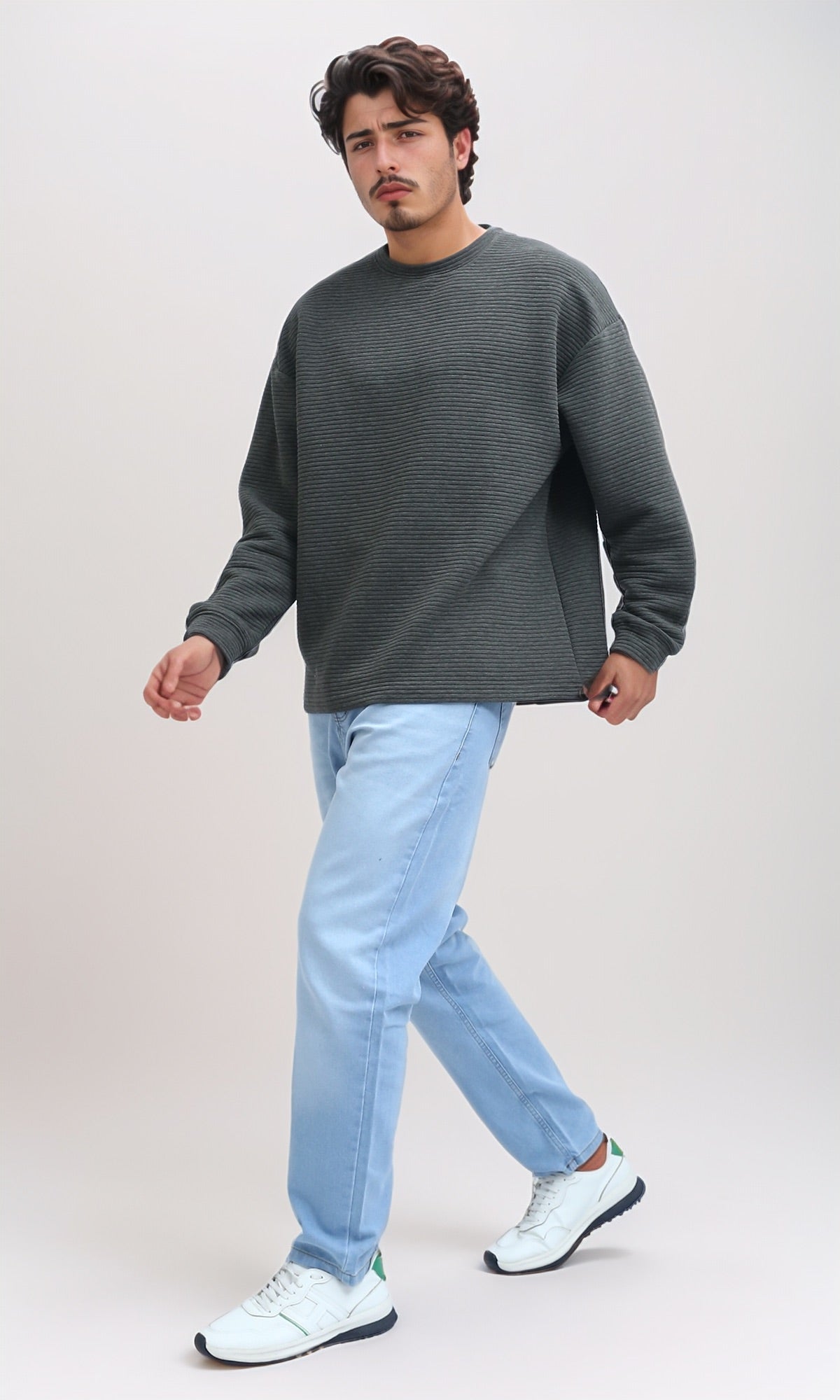 Olive Oversized Ribbed Corduroy Crew-Neck Sweatshirt - O202207