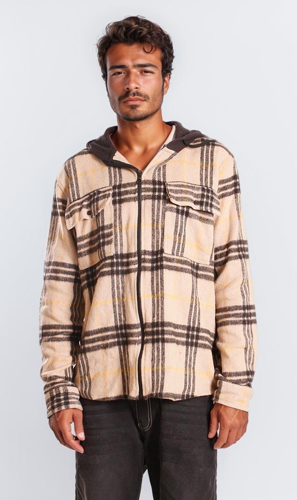 o202225-HOODED PLAID SHIRT - BEIGE & BLACK