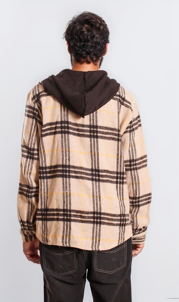 o202225-HOODED PLAID SHIRT - BEIGE & BLACK