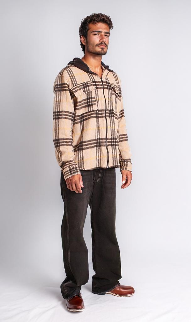 o202225-HOODED PLAID SHIRT - BEIGE & BLACK