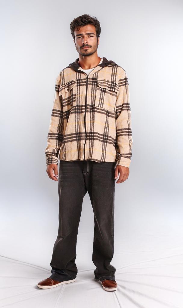 o202225-HOODED PLAID SHIRT - BEIGE & BLACK