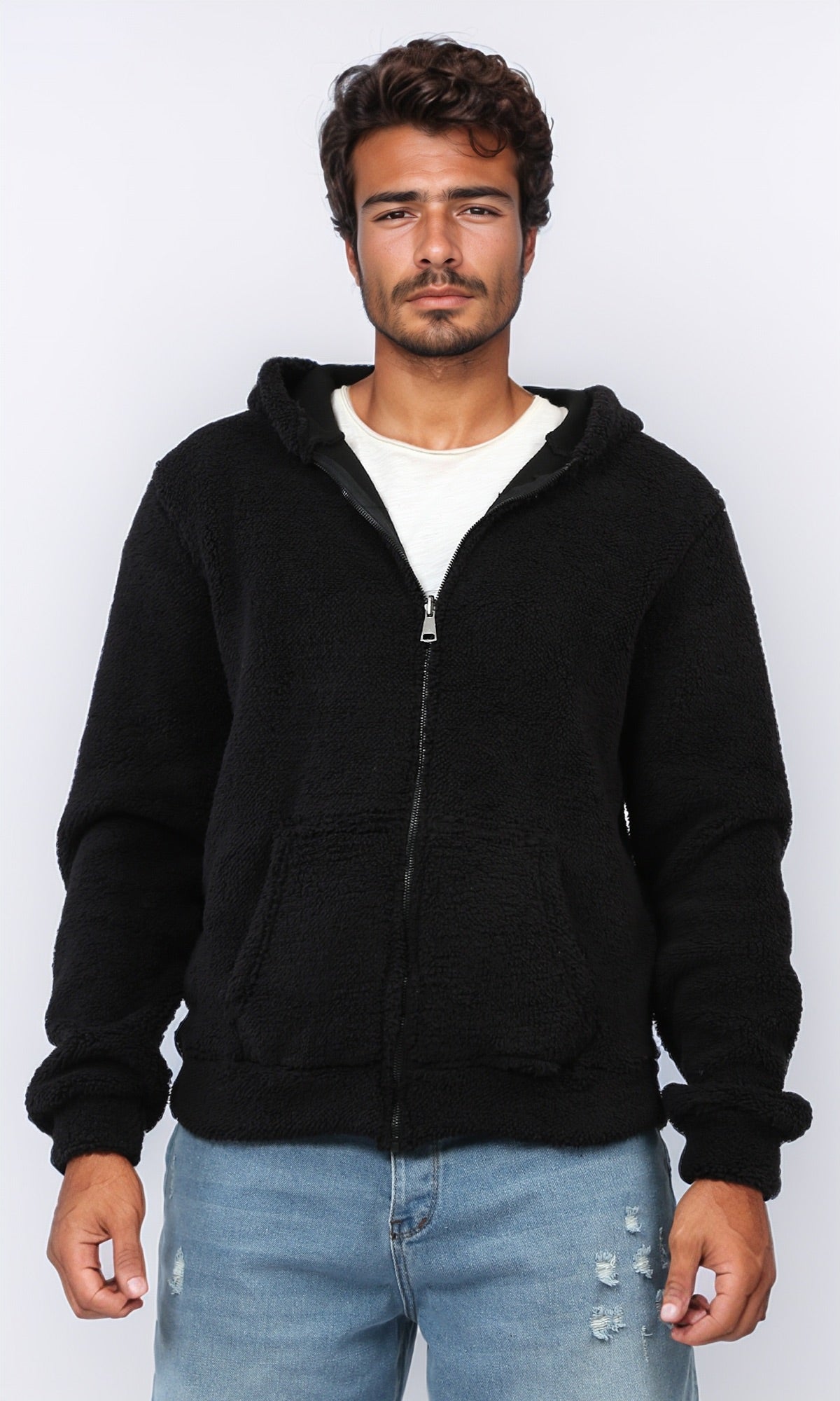 Black Ultra-Soft Sherpa-Style Fur Zip-Up Hoodie - O202247