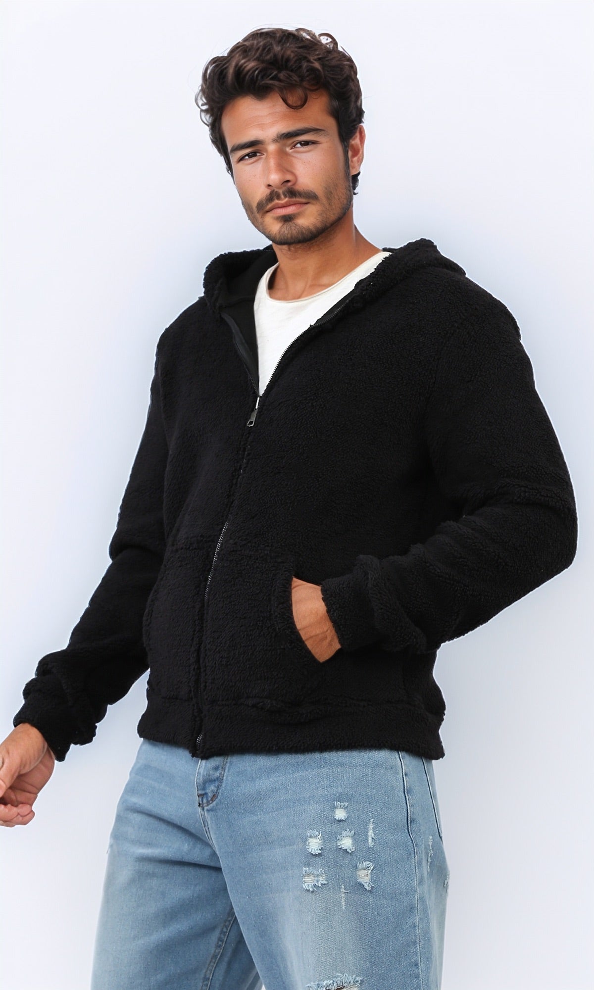 Black Ultra-Soft Sherpa-Style Fur Zip-Up Hoodie - O202247