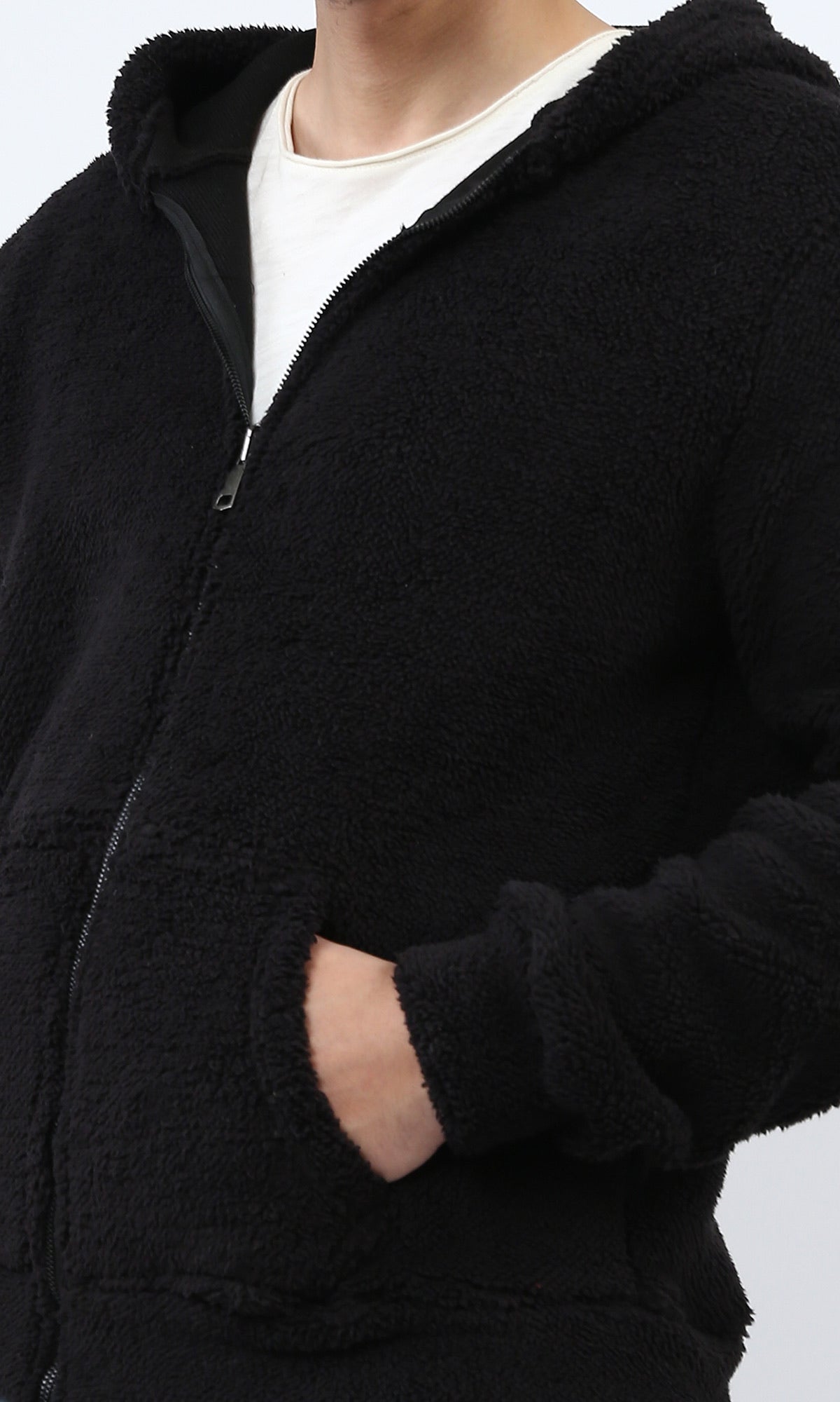 Black Ultra-Soft Sherpa-Style Fur Zip-Up Hoodie - O202247