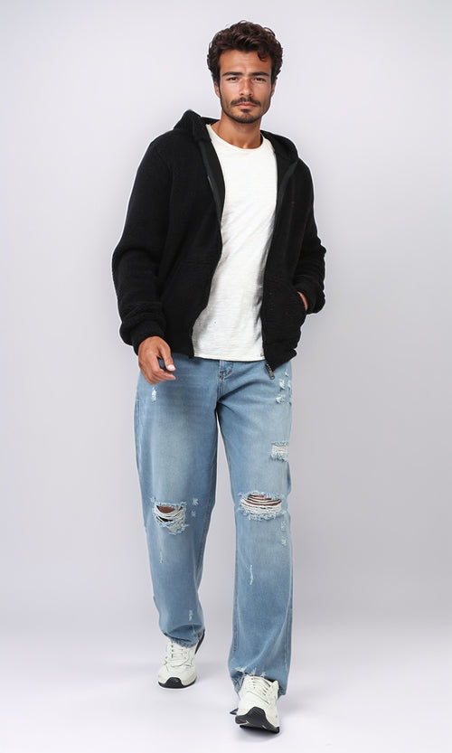 Black Ultra-Soft Sherpa-Style Fur Zip-Up Hoodie - O202247
