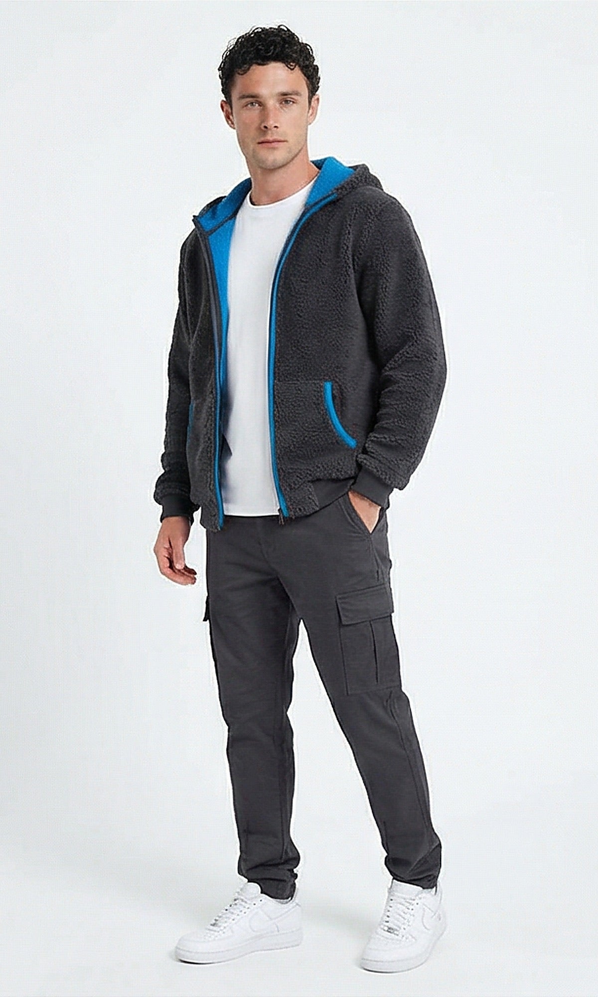 Ravin Men's Charcoal Grey Contrast Teddy Fleece Hoodie