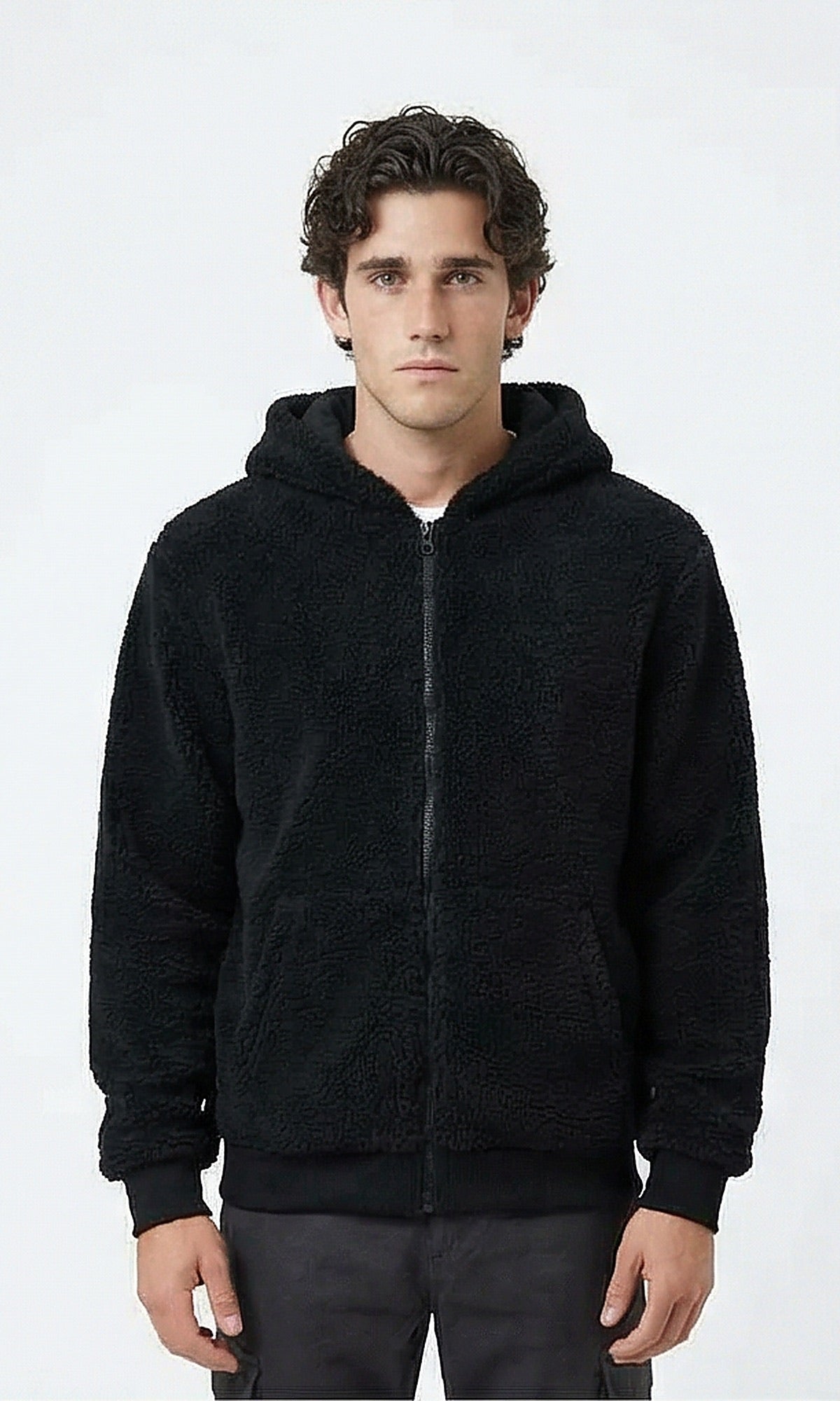 Midnight Black Plush Borg Zip-Up Hoodie - O202250