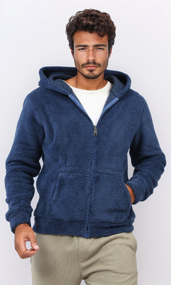 O202251 Solid Long Sleeve Zipped Hoodie - Heather Jeans Blue