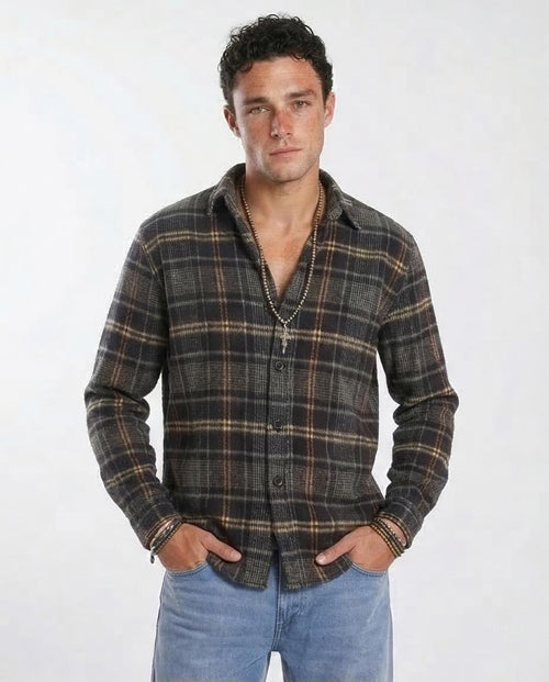 Man wearing a plaid shirt and jeans on a white background