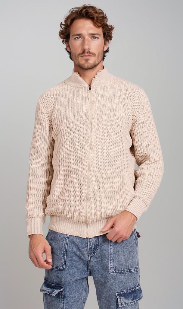 O202259-O202259 - Chunky Knit Zipper Sweater - Beige