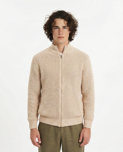 O202259-O202259 - Chunky Knit Zipper Sweater - Beige