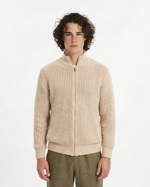 O202259-O202259 - Chunky Knit Zipper Sweater - Beige