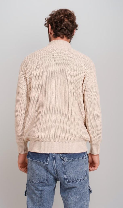 O202259-O202259 - Chunky Knit Zipper Sweater - Beige