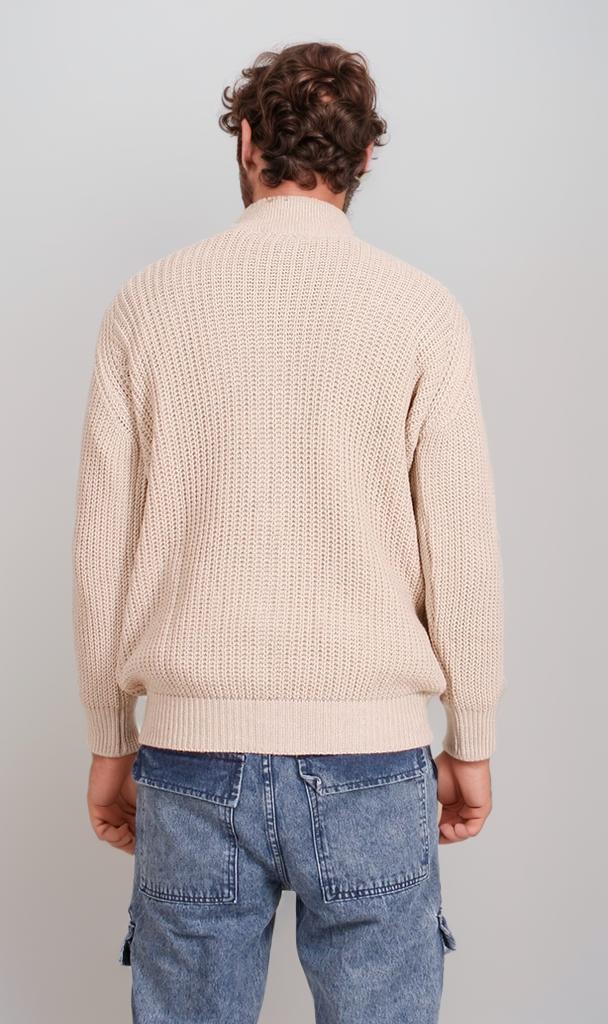 O202259-O202259 - Chunky Knit Zipper Sweater - Beige