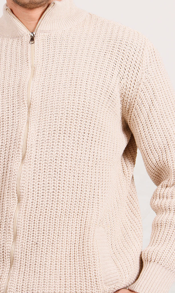 O202259-O202259 - Chunky Knit Zipper Sweater - Beige