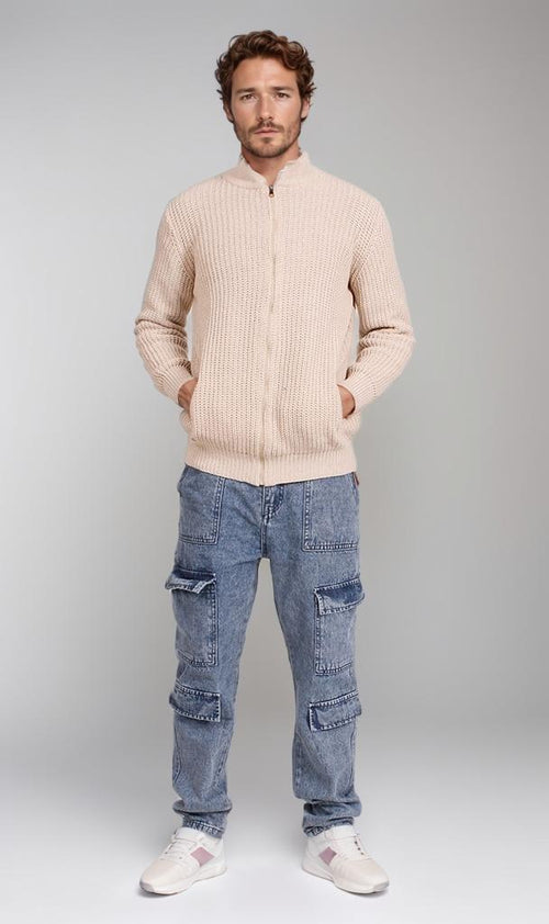 O202259-O202259 - Chunky Knit Zipper Sweater - Beige