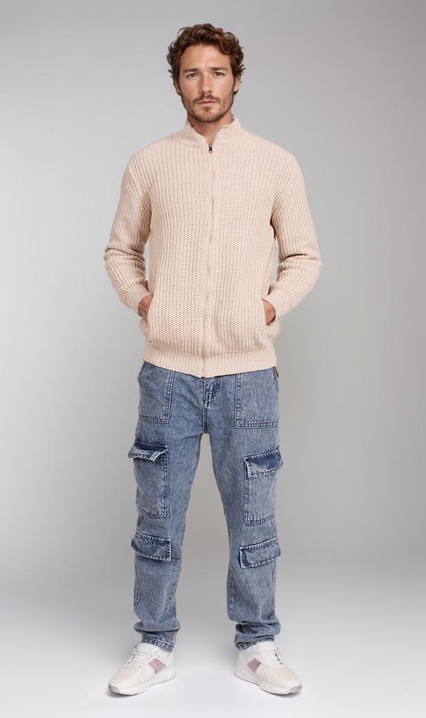 O202259-O202259 - Chunky Knit Zipper Sweater - Beige