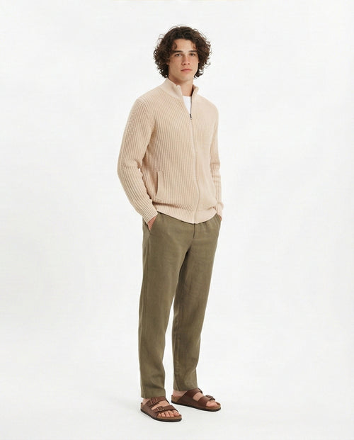 O202259-O202259 - Chunky Knit Zipper Sweater - Beige