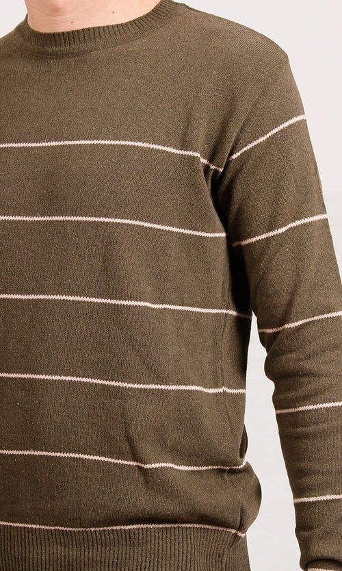 Ravin Men’s Olive Green Horizontal Striped Crewneck Knit Sweater - O202261