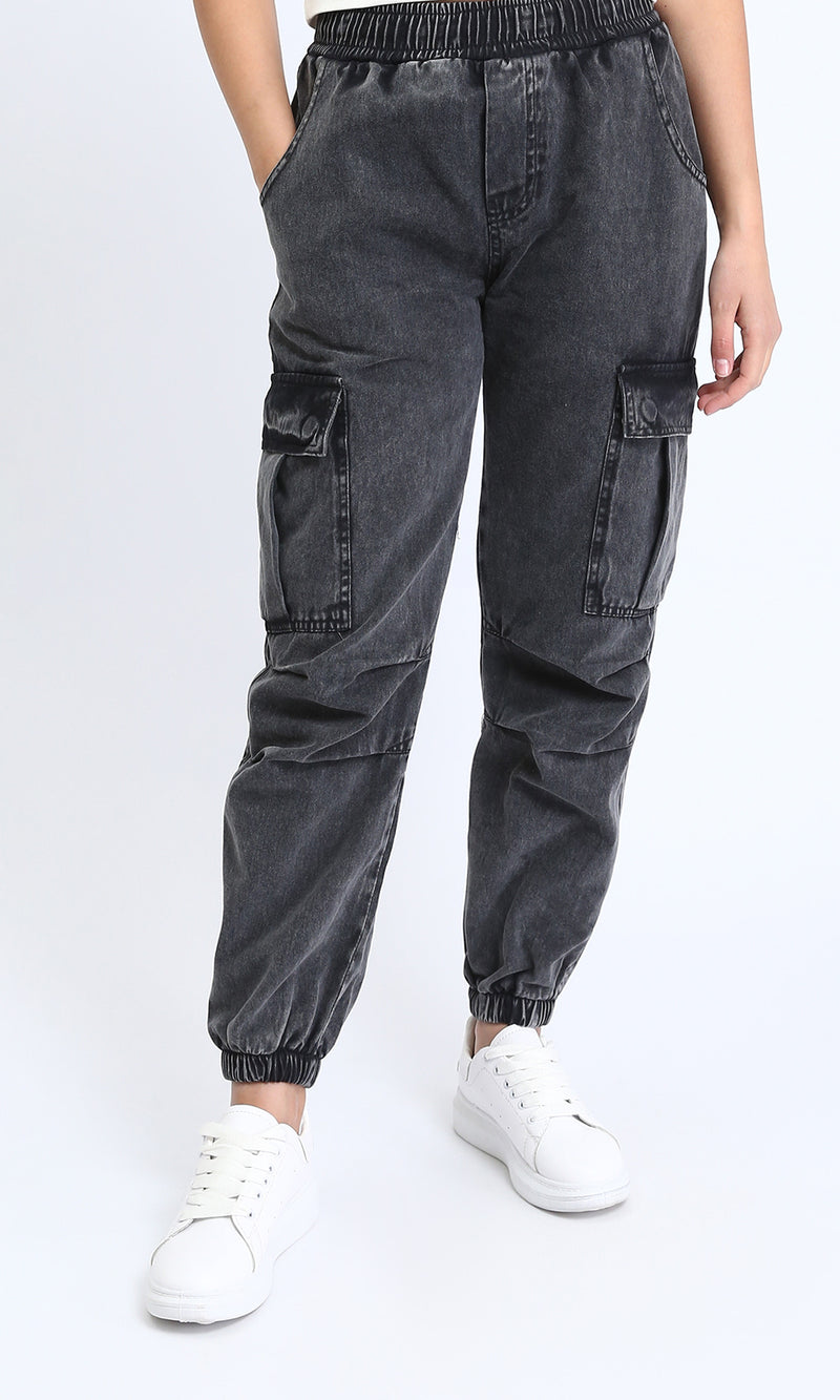 O202280 - Elastic Waist with Cotton Denim Pants - Dark Grey