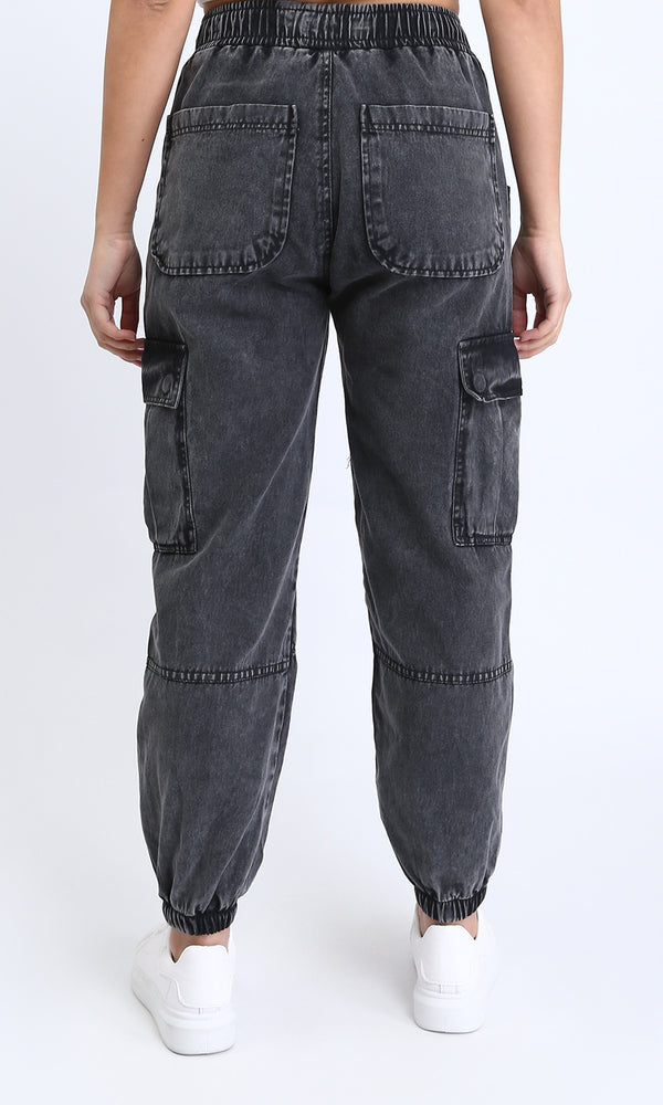 O202280 - Elastic Waist with Cotton Denim Pants - Dark Grey