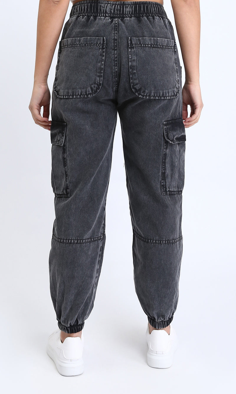 O202280 - Elastic Waist with Cotton Denim Pants - Dark Grey