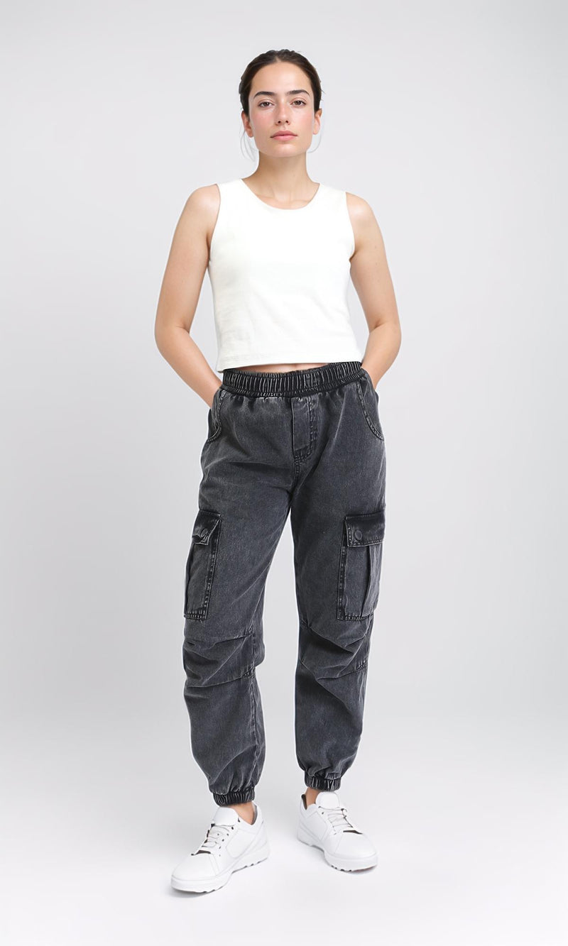 O202280 - Elastic Waist with Cotton Denim Pants - Dark Grey