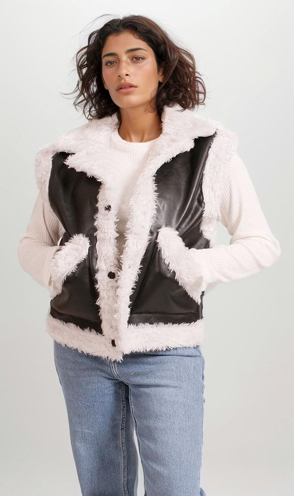 O202292 - Leather & Fur Vest - Black & White