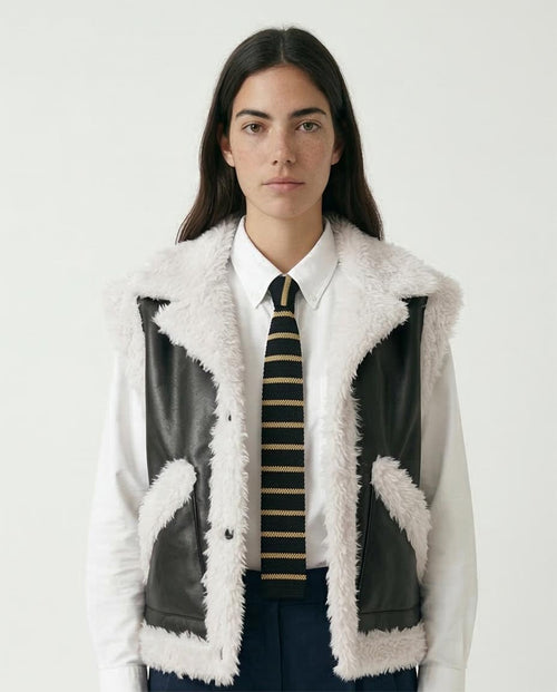 Faux Leather & Shearling Trimmed Biker Vest - Black & White