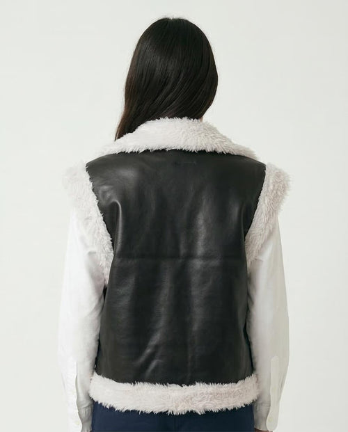 Ravin Faux Leather & Shearling Trimmed Biker Vest - Black & White - O202292