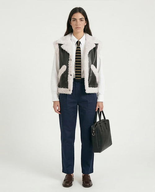 Ravin Faux Leather & Shearling Trimmed Biker Vest - Black & White - O202292