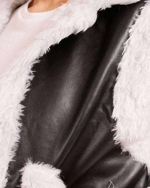 Ravin Faux Leather & Shearling Trimmed Biker Vest - Black & White - O202292