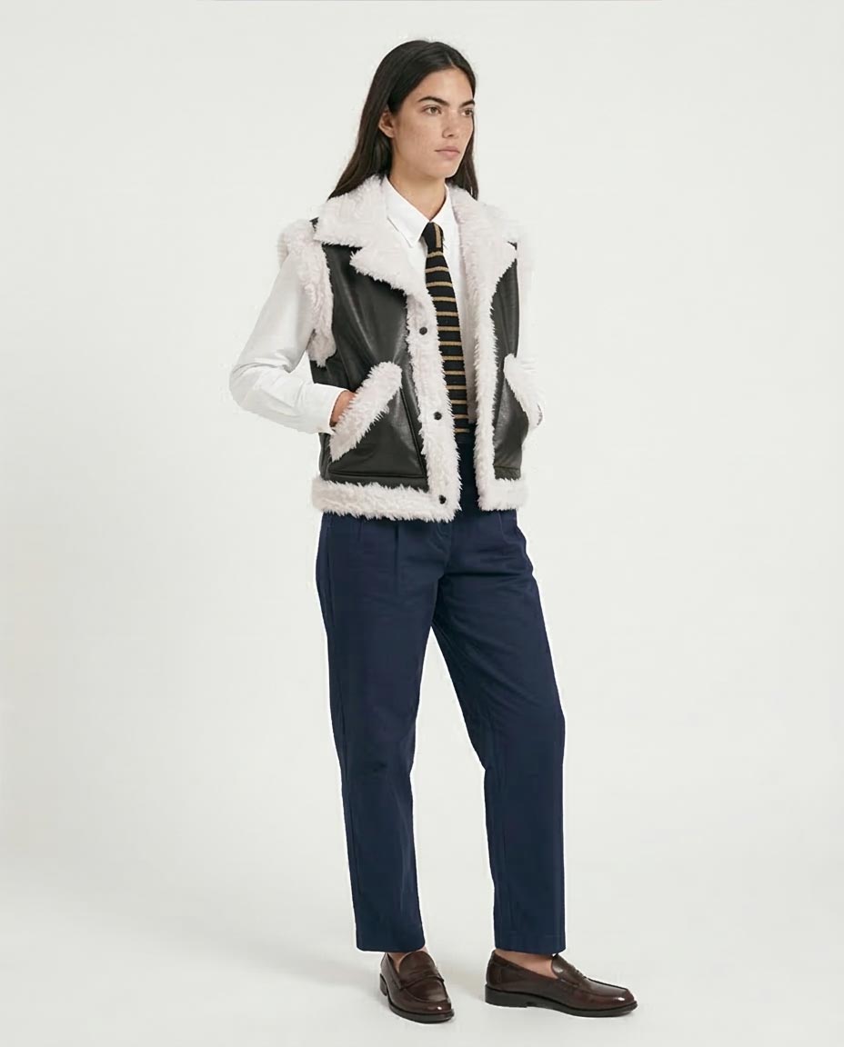 Ravin Faux Leather & Shearling Trimmed Biker Vest - Black & White - O202292