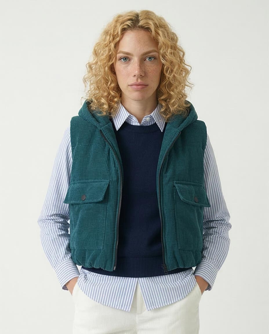 Ravin Women’s Cropped Corduroy Hooded Puffer Vest – Teal - O202293