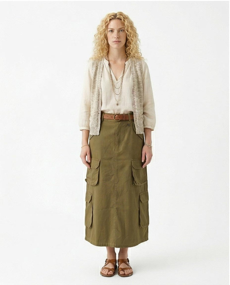 Ravin High-Waisted Utility Cargo Maxi Skirt - Olive Green - O202301
