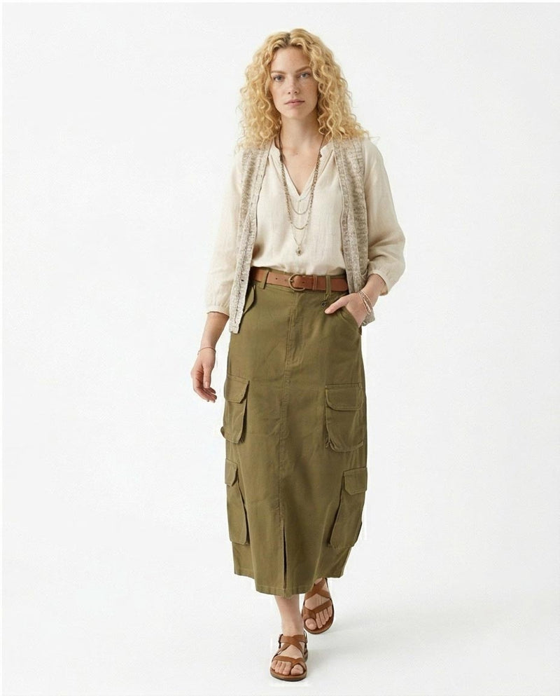 Ravin High-Waisted Utility Cargo Maxi Skirt - Olive Green - O202301